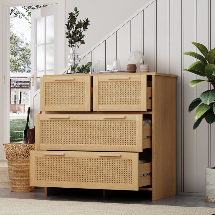 Commode - ZEVKOR - Commode 4 tiroirs - Façades rotin naturel - Poignées bois - 80x38x80 cm