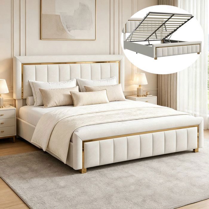 Lit 140x190 cm avec Rangement Lit Coffre avec LED et USB Lit Double Capitonne avec Sommier Lit 2 Places Velours Blanc Cassé