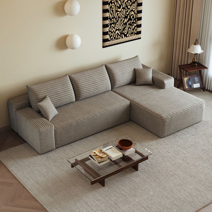 Canapé d’angle compressé camel 270 x 175 x 83 cm modulable chaise longue à droite tissu corduroy sans montage