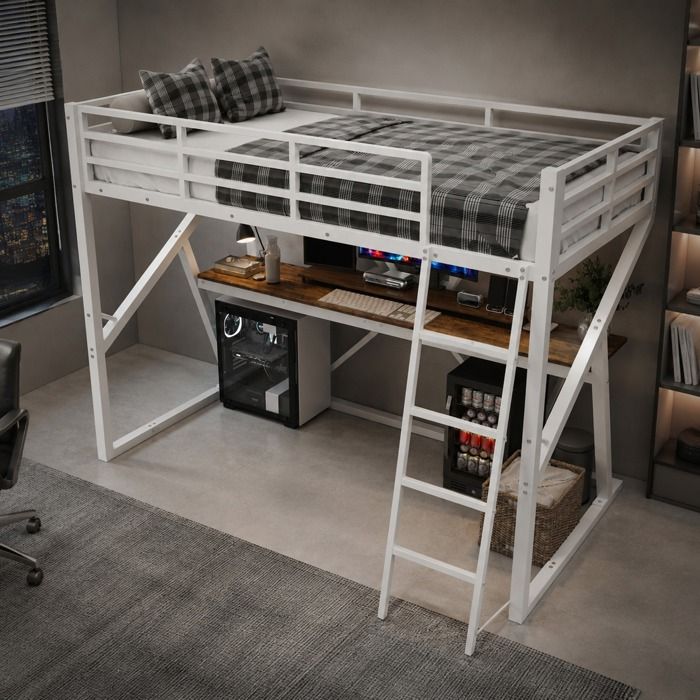 Lit surélevé 90 x 200 cm avec cadre en fer bande LED multi-couleurs garde-corps et bureau intégré - Blanc