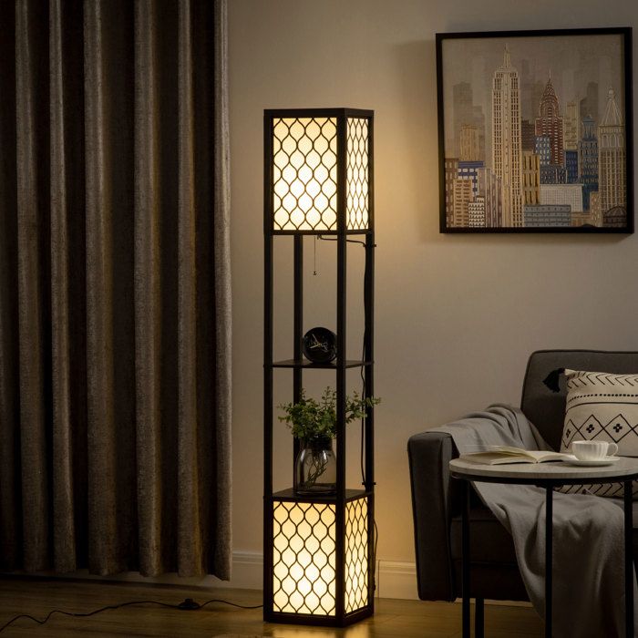 Lampadaire - Lampe sur pied - 2 étagères - Abat-jour textile - 26x26x156 cm - Poids 5 3 kg - Pour salon et chambre - Mdf - EUJIGSHOP Lampadaire - Lampe sur pied - 2 étagères - Abat-jour textile - 26x26x156 cm - Poids 5 3 kg - Pour salon et chambre - Mdf - EUJIGSHOP