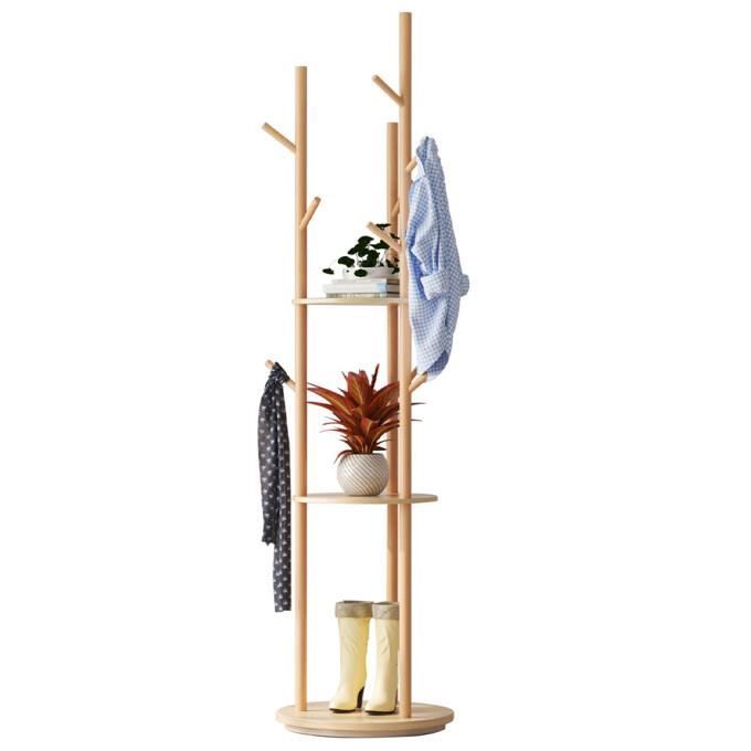 Porte-manteau en bois naturel - JANZDIYS - 40x165cm - 9 crochets - Séparateur 3 plis - Rotation à 360°