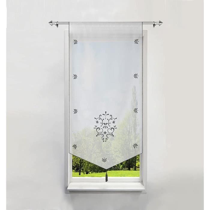 Devola Rideau Brise-Bise Brodé Pompons Style Campagne – Transparent Blanc 90x60 Cm, 1 Pièce, Charme Romantique