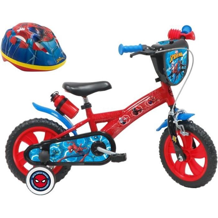 Vélo enfant 12'' garçon Spiderman pour enfant < 90 cm - équipé de 1 frein, 2 stabilisateurs, plaque avant et Casque Spiderman !