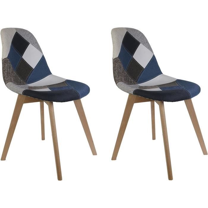 lot de 2 chaises patchwork,hêtre,bleu gris,58x86,5x47 cm.[z154]