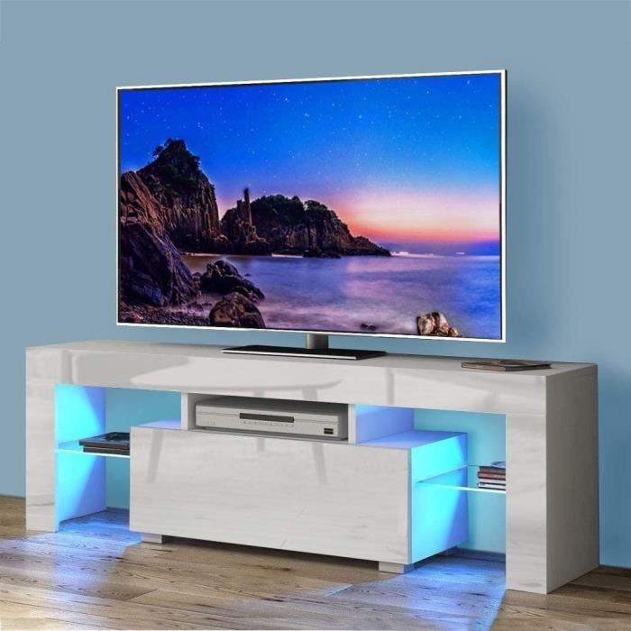 Meuble TV LED en verre avec 1 Tiroirs pour salon et chambre - 130 x 35 x 45cm - Blanc Meuble TV LED en verre avec 1 Tiroirs pour salon et chambre - 130 x 35 x 45cm - Blanc