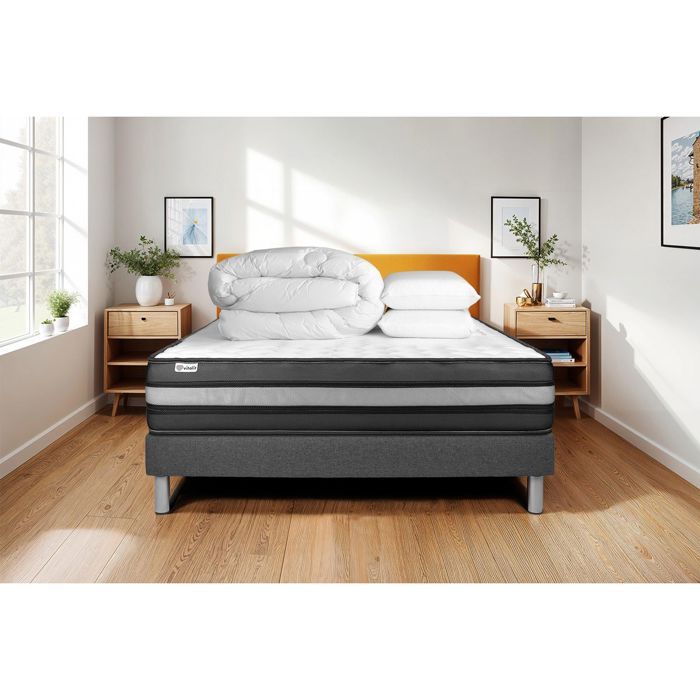 Pack lit complet 180x200 cm - Matelas + Sommier Gris (en kit) + 2 oreillers + Couette - Vital Power Zen Gris