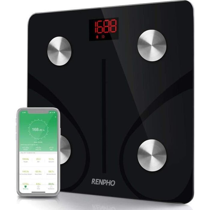 P/èse Personne Imp/édancem/ètre P/èse-personne Balance Connect/é Bluetooth pour IOS et Android 3 Piles 1.5V AAA Balance P/èse Personne BMI//Muscle//Graisse Corporelle//Masse Osseuse Noir Non Incluses