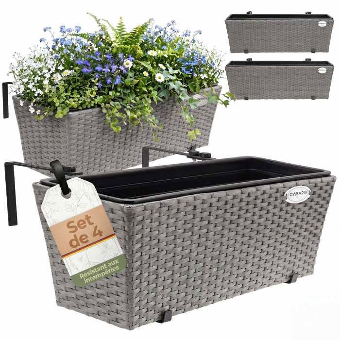 4x Bac à fleurs CASARIA® 11 litres support de montage intérieur extérieur jardinière pot de fleurs décoration balcon terrasse gris