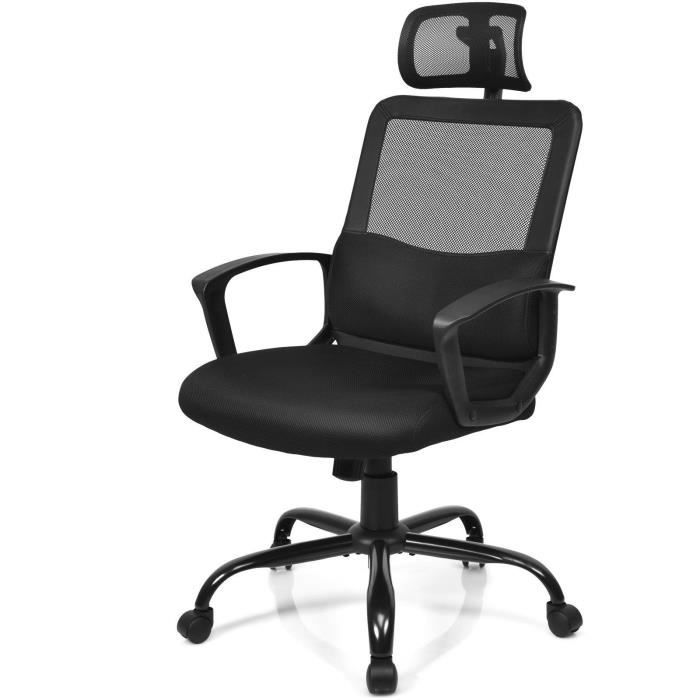chaise de bureau ergonomique costway - noir - appui-tête pivotant - renfort lombaire - maille respirante