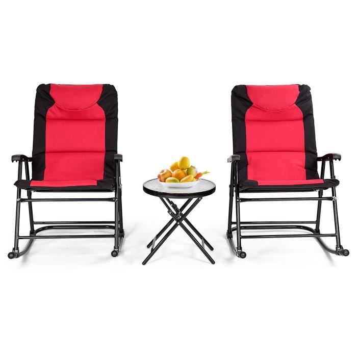Ensemble de Jardin - COSTWAY - Table Basse en Verre avec 2 Chaises Extérieures à Bascule Pliables - Rouge