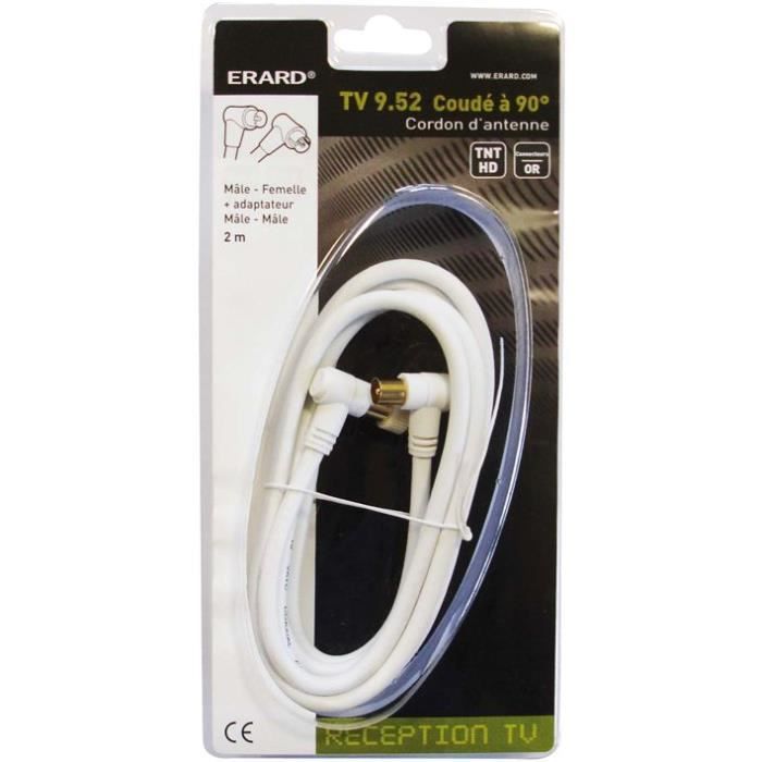 Vidéo: Cordon TV Hertzien non filtré 9,52 mm mâle-femelle coudés 90° +  adaptateur mâle-mâle - 2m - câble tv - vidéo - son, avis et prix pas cher -  Cdiscount