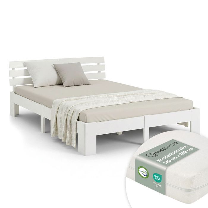 Lit en bois 140 x 200 cm pin massif blanc – Lit futon avec matelas et sommier à lattes inclus