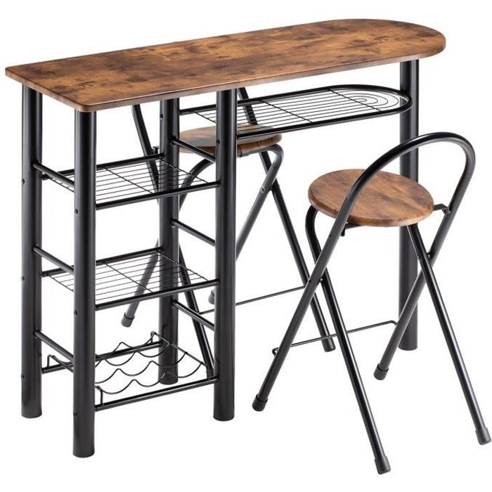 Ensemble STYLE avec table haute de bar et 2 chaises strucutre en m tal noir et MDF d cor brun rustique