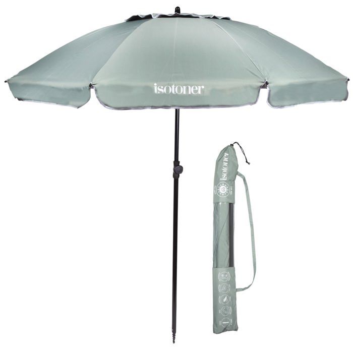 Parasol Déporté 180 Cm Vert Foncé - 8 Baleines, Mât Aluminium Effet Bois, Protection UV 50+, Pour Terrasse Et Plage - 5