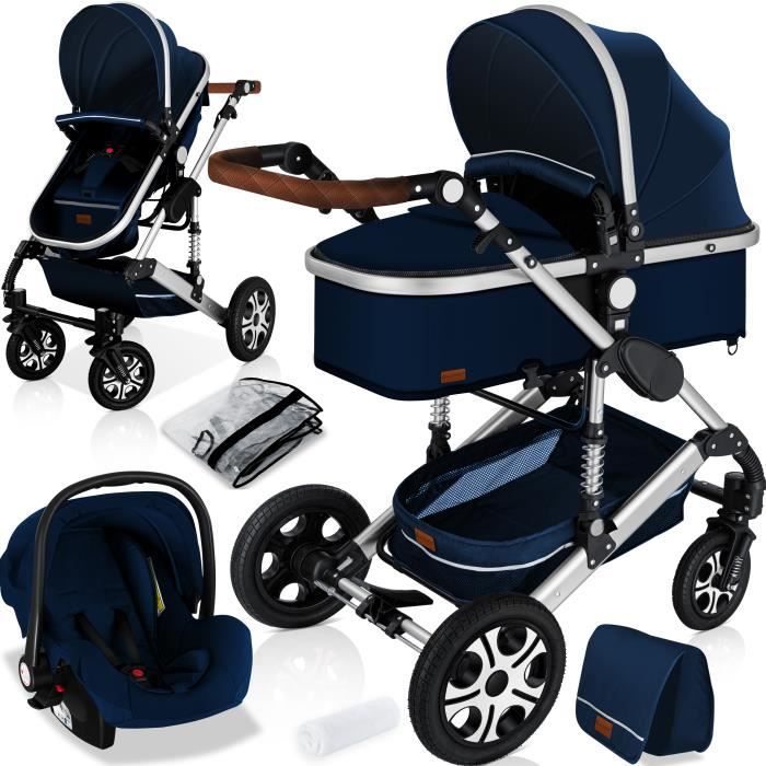 KESSER® 3en1 poussette combinée trio landau complet avec baignoire bébé et siège de sport pour et siège auto bleu/argent