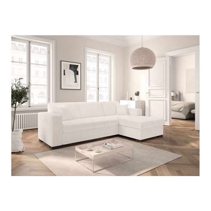 Canapé dangle droit 4 places FUJI XL convertible avec coffre en tissu bouclette - Blanc - L262 x P157 x H83cm - LOUNGITUDE Canapé dangle droit 4 places FUJI XL convertible avec coffre en tissu bouclette - Blanc - L262 x P157 x H83cm - LOUNGITUDE