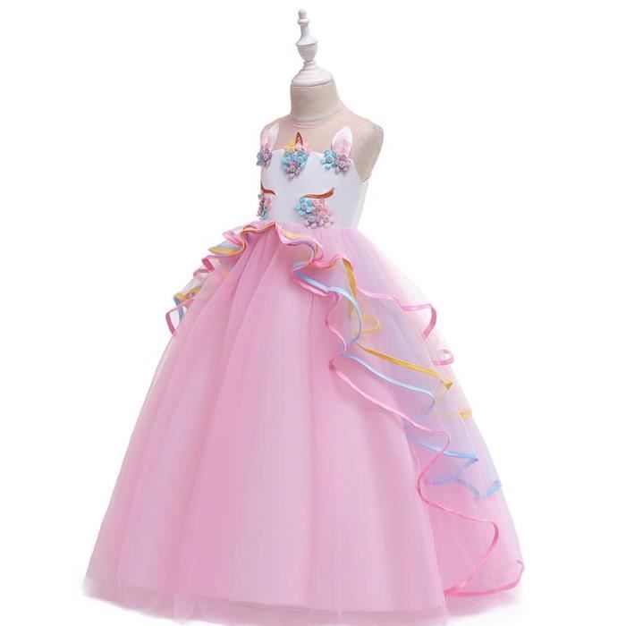 Licorne Robe Longue Princesse Fille de Anniversaire Ceremonie Sans Manches Robe de Bal Soiree en Tulle Rose Rose Cdiscount Pret a Porter