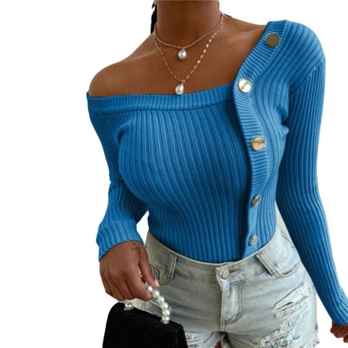 PULL Mode bouton hors epaule tricote pull femmes pull automne hiver sans bretelles pull a manches longues tricots femme Type D Blanc Cdiscount Pret a Porter