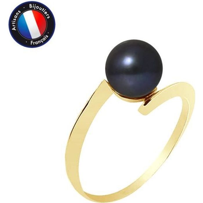 PERLINEA - Bague Véritable Perle de Culture d'Eau Douce Ronde 7-8 mm - Colori Black Tahiti - Or Jaune - Bijou Femme
