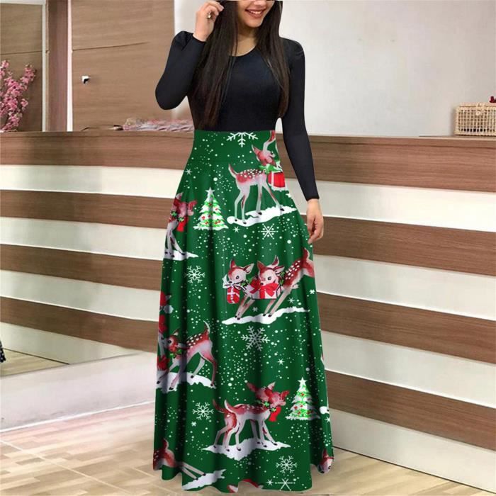 Robe a manches longues pour les femmes de Noel O Neck Imprimer Taille haute Maxi Dress Casual Party Robe de soiree Vert Vert Cdiscount Pret a Porter