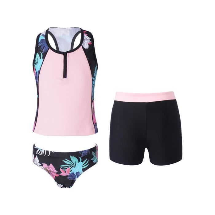 Ensemble Maillot De Bain 3 Pièces Fille Alvivi - Bikini Tankini Avec Jupe - Taille 3 à 14 Ans - Imprimé Floral