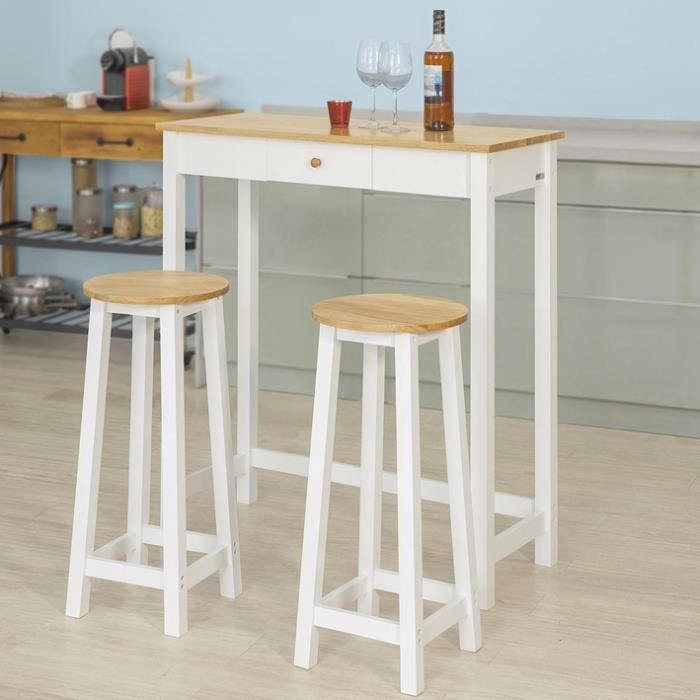 sobuy fwt50-wn set de 1 table + 2 tabourets table mange-debout table haute cuisine ensemble avec repose-pieds