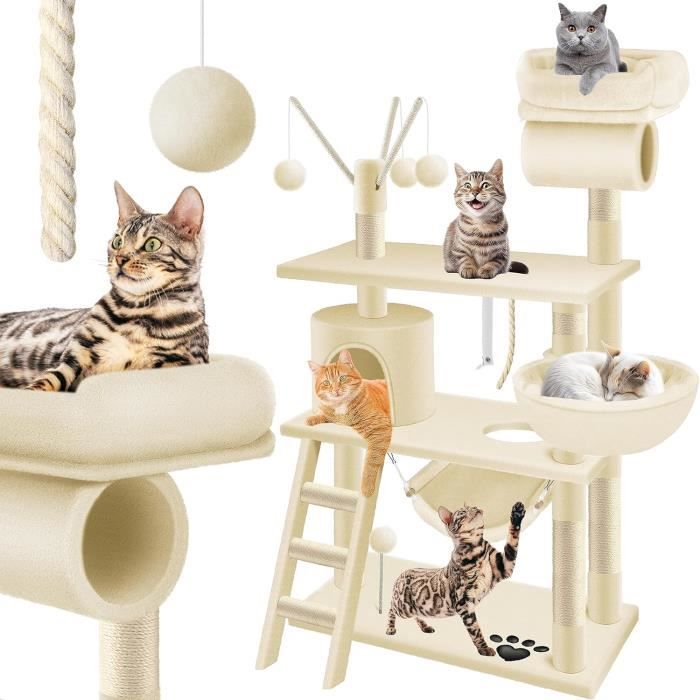 Grand Arbre à Chat En L – 150 Cm – Avec Plateformes, Niches, Hamac, Colonnes Sisal – Gris Foncé