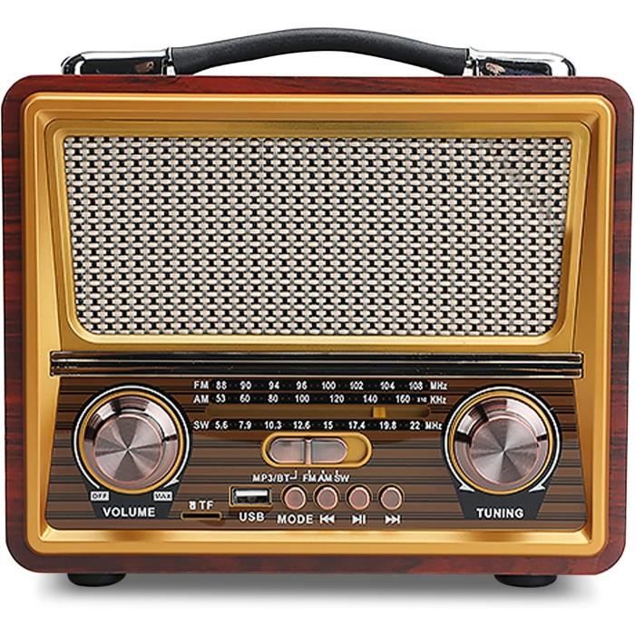 PRUNUS J120 Radio rétro vintage AM FM, radio à ondes courtes portable avec AC, radio à piles rechargeables avec meilleure réception, haut-parleur fort, prise en charge de la lecture AUX/carte TF/USB