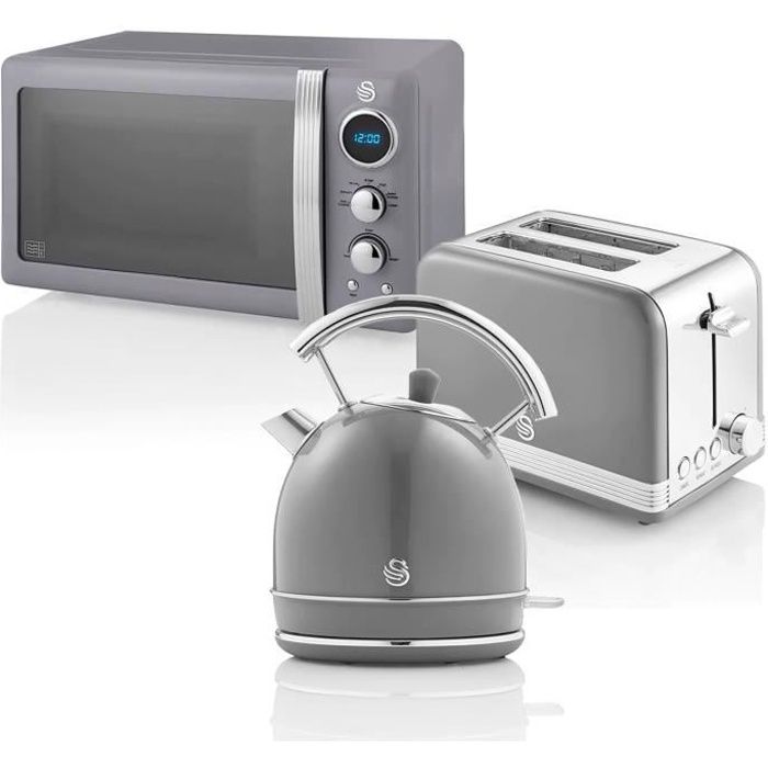 Retro Set Petit-Déjeuner Bouilloire 1,8L Grille-Pain 2 Tranches Micro-ondes 20L SWAN STRP2070GRNEU Gris 57997
