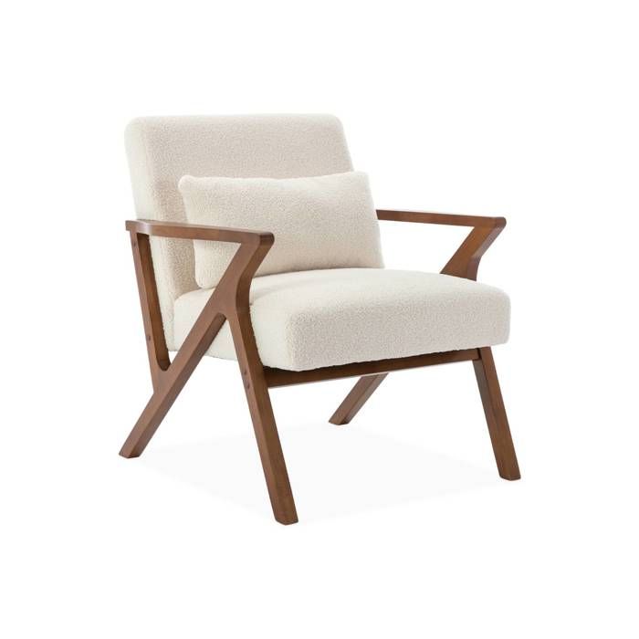 Fauteuil scandinave bois dhévéa finition teinté noyer clair et bouclette blanche ANTOINE