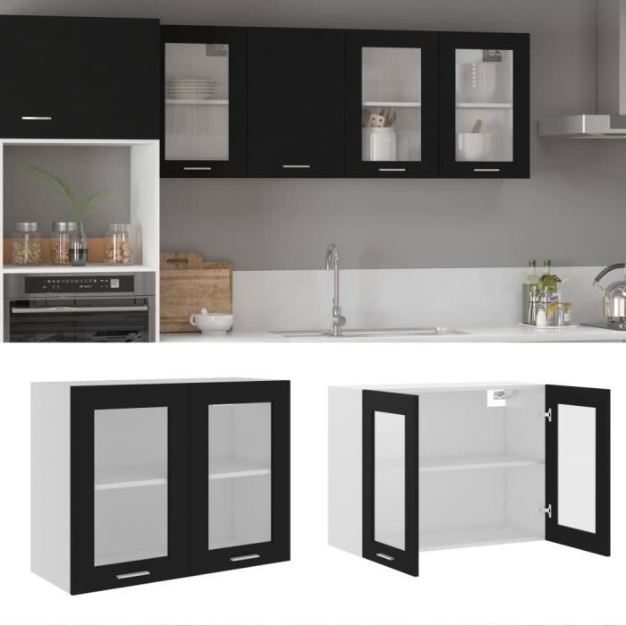 Armoire en verre suspendue Noir 80x31x60 cm - VIDAXL - Aggloméré - 2 tiroirs - Battante - Cuisine