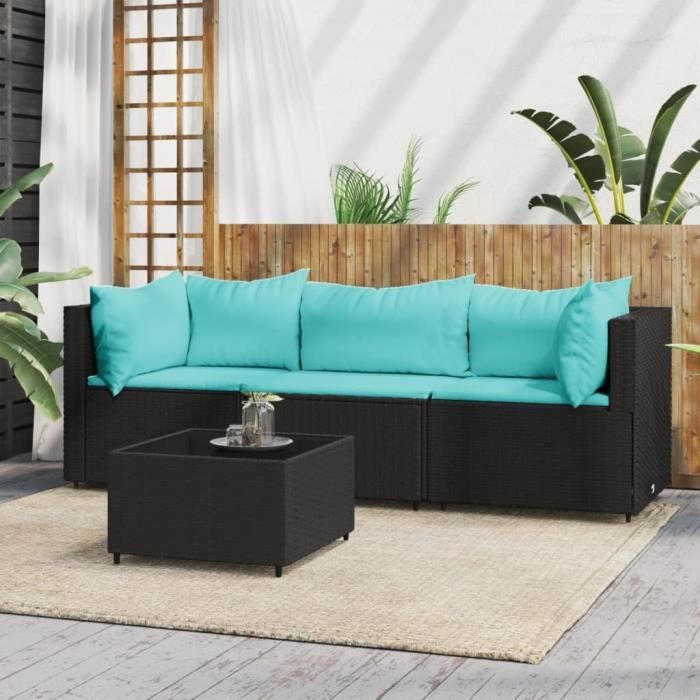 vidaXL Salon de jardin 4 pcs avec coussins Noir Résine tressée 319799