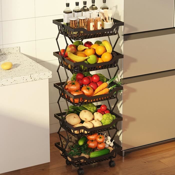 étagère de cuisine chariot rangement - panier/corbeille à fruits à légumes pliables en métal - 5 niveaux - noir - vinteky®