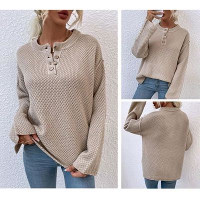 Pull Femme Hiver Chic - Col Rond, Manches Longues Avec Boutons - Tissu Viscose-polyester Doux - Couleurs Assorties (Noir, Blanc, Bleu...)