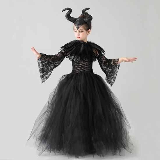 Costume Maléfique Reine Des Ténèbres – Cape Tulle Noir, Col Plumes – Halloween, Cosplay, Fête