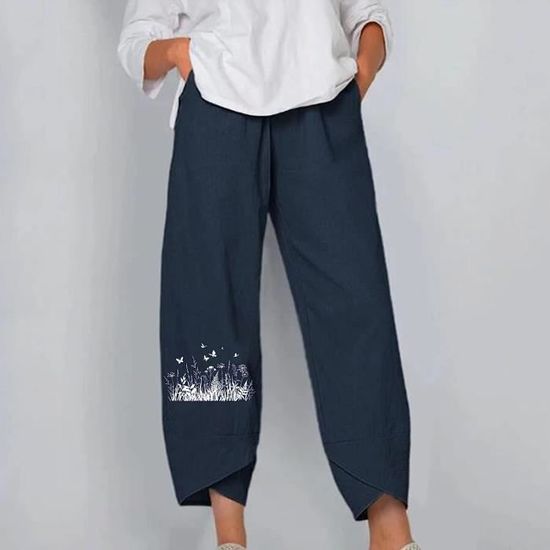 Pantalon Femme été 7/8 En Coton Et Lin - Taille Haute élastique - Coupe Large Fluide - Léger Et Confortable - Idéal Plage, Détente