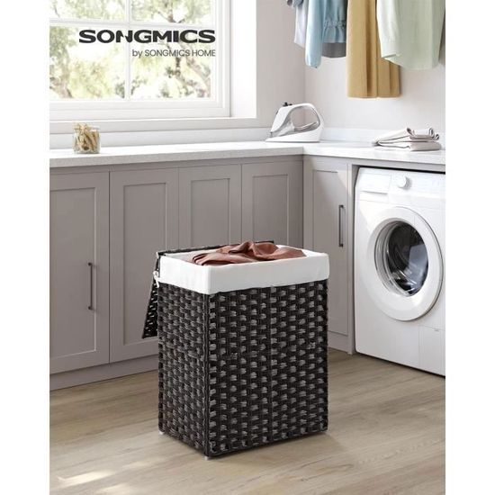 Panier à Linge en Bambou 90L avec 2 Compartiments, Couvercle et Poignées, Sac Amovible, 54,2 x