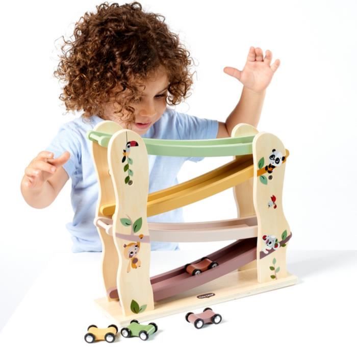 Apprentissage Chiffres Et Couleurs KUKUTrue Jouet Montessori Rampe Course Voitures Bois – Circuit 4 Toboggans Colorés + Voitures Numérotées, 1-3 Ans