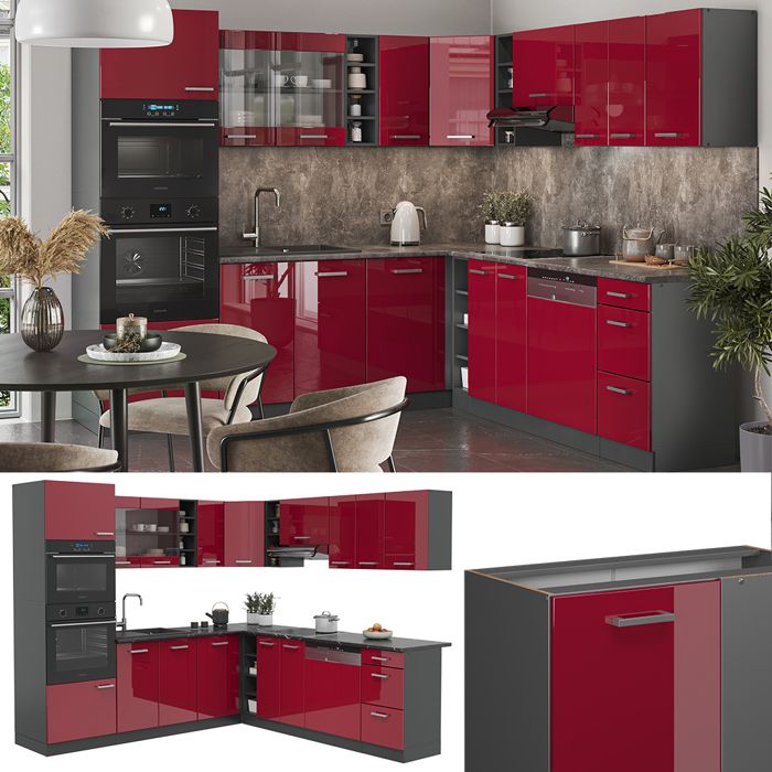 Cuisine R-Line, 300 cm , PT Marbre, Anthracite brillant/Chêne doré