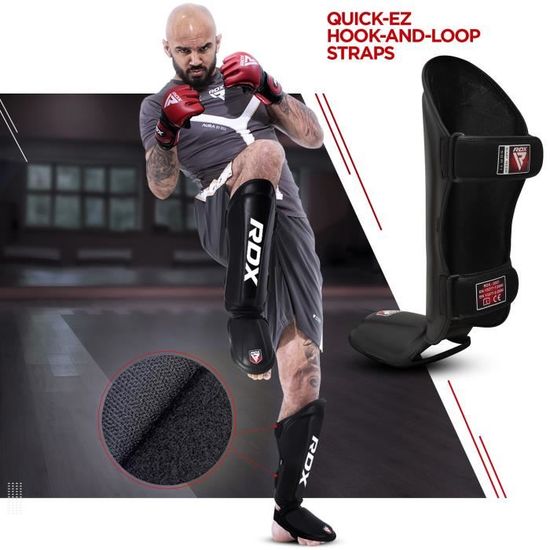 Protège-Tibias Kickboxing – Coque Nylon Rembourrée Mousse – Bandes Élastiques – Velcro Antidérapant – MMA Muay Thai