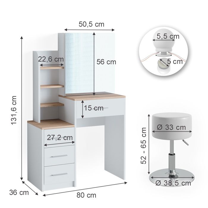 Coiffeuse Edda Blanche Vicco Avec Miroir LED Et Tabouret (neuf)