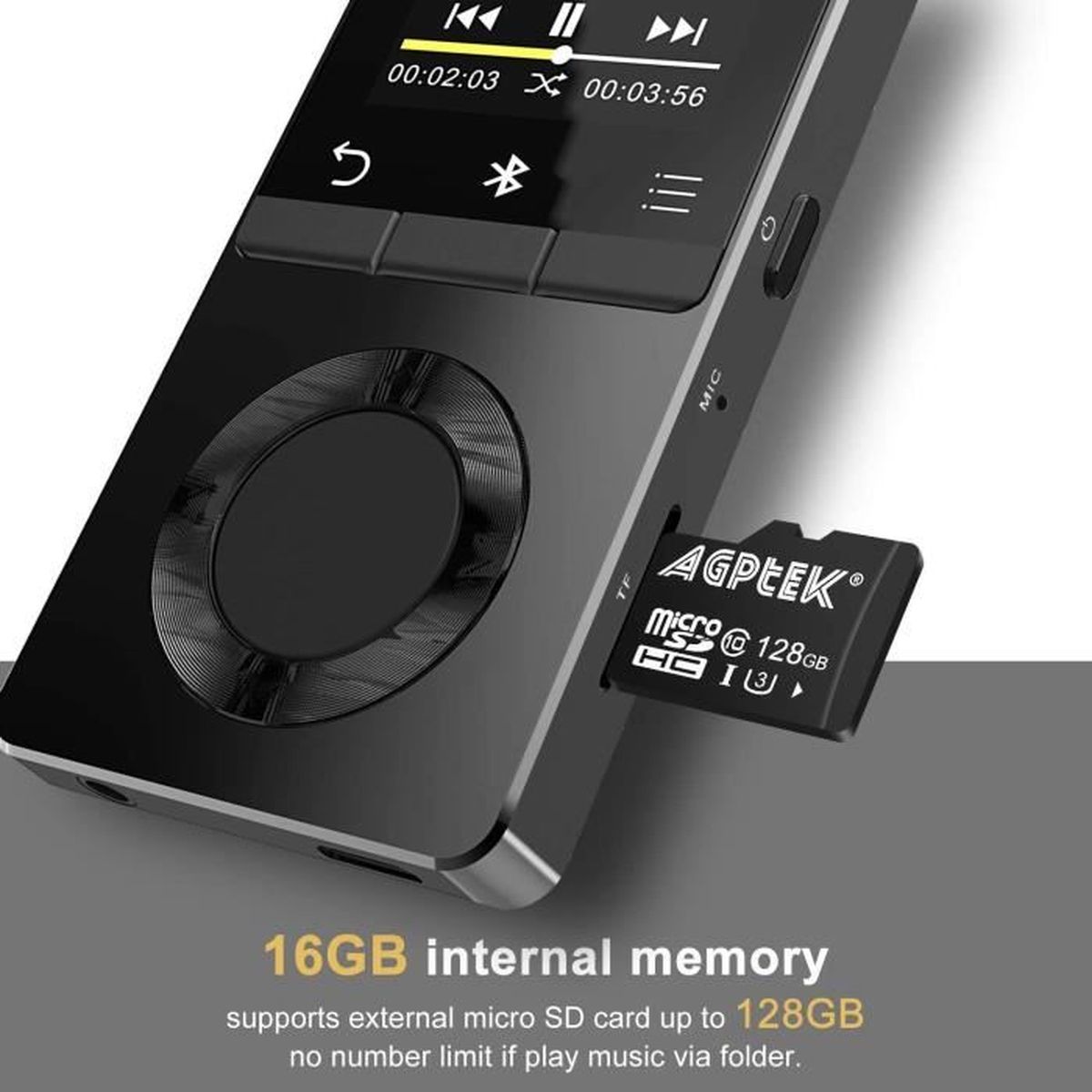 Lecteur Musical en M/étal pour Le Sport Bouton de Volume//Verrouillage Ind/épendant -M16SB Noir Supporte Carte SD 128Go Non Incluse AGPTEK 16Go Haut-Parleur MP3 Bluetooth 4.0 avec Boutons Tactiles