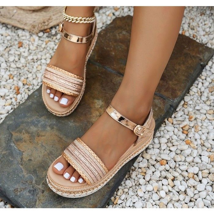 ECELEN Sandales Compensées Femme Été – Design Verni à Boucle – Décor Tressé  – Tendance – Beige