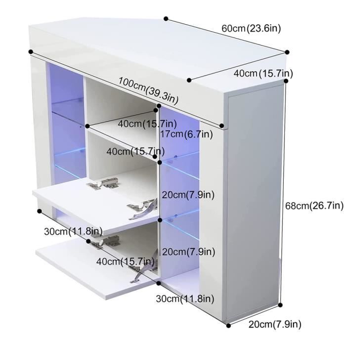 Meuble TV Blanc Brillant 100x24x32 Cm - Avec 2 étagères, Design Moderne - Pour Salon, Salle à Manger Ou Chambre - 4