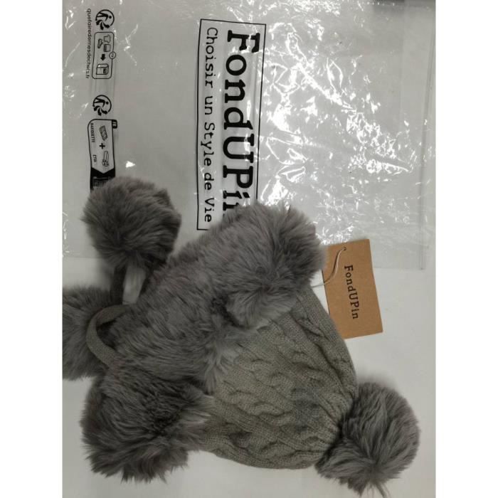 Bonnet Femme Gris/crème Doublé Fausse Fourrure Avec Pompons - Taille Unique Tricoté Occasion