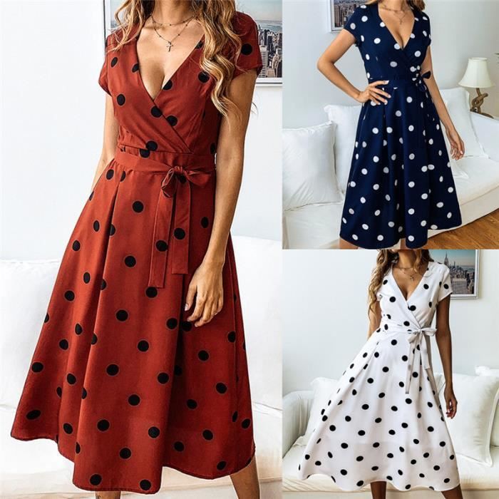 Robe Femme GO Vintage a pois a col en V Taille haute Dentelle et impression Rouge Cdiscount Pret a Porter