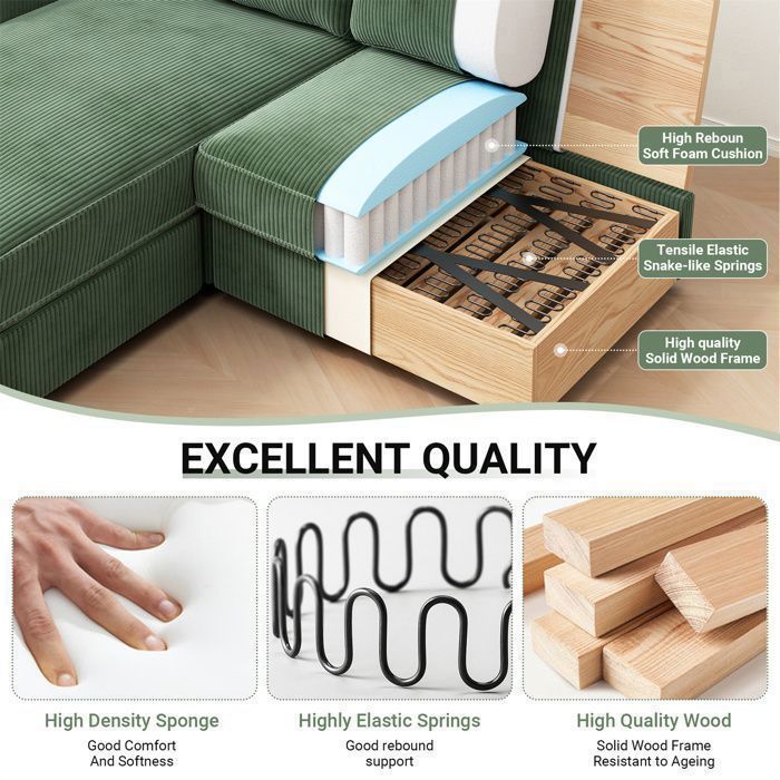 Vepssder - Canapé D'angle Modulable En Velours Côtelé, 3 Places, Accoudoirs Incurvés - Confort Salon Et Détente (Vert, Gris, Beige)
