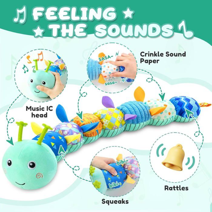 Jouet Musical en Peluche pour bébé,avec Chenille hochet et Textures Jouet Musical en Peluche pour bébé,avec Chenille hochet et Textures