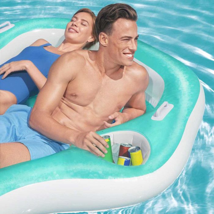 Hamac Matelas Gonflable KRUMAD – 150 X 70 Cm – Avec Appui-tête Et Filet – Porte Jusqu'à 90 Kg – Bleu – Pour Piscine, Lac Ou Plage